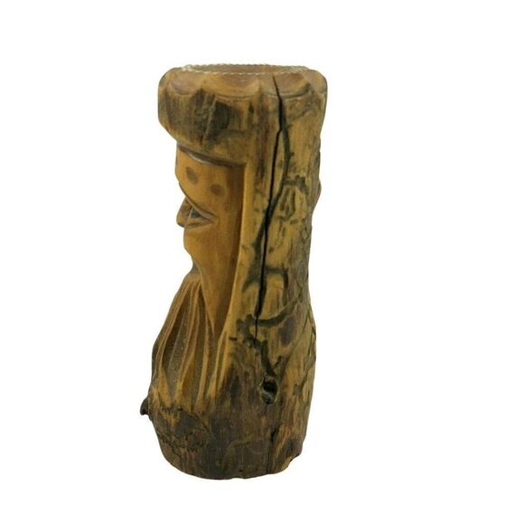 Carved Wood Taper Candle Holder Smiling Bearded Man Face Natural Rustic Handmade - Picture 4 of 7